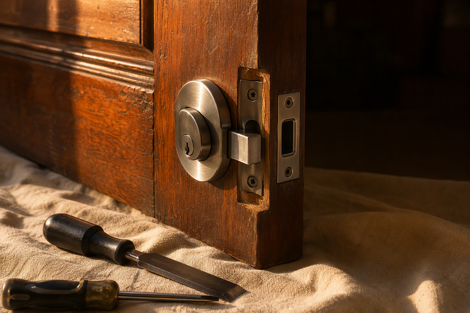 Stainless steel deadlock body and strike plate fitted into the edge of a solid timber door, with a screwdriver and chisel resting on a canvas drop sheet