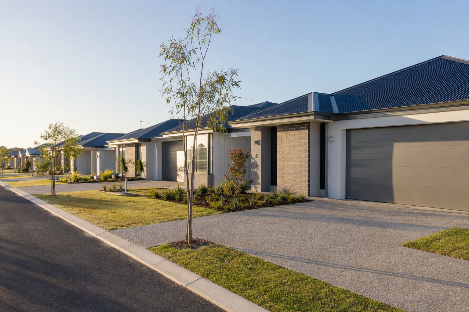 A street of contemporary single and double storey homes in a newer Perth residential estate