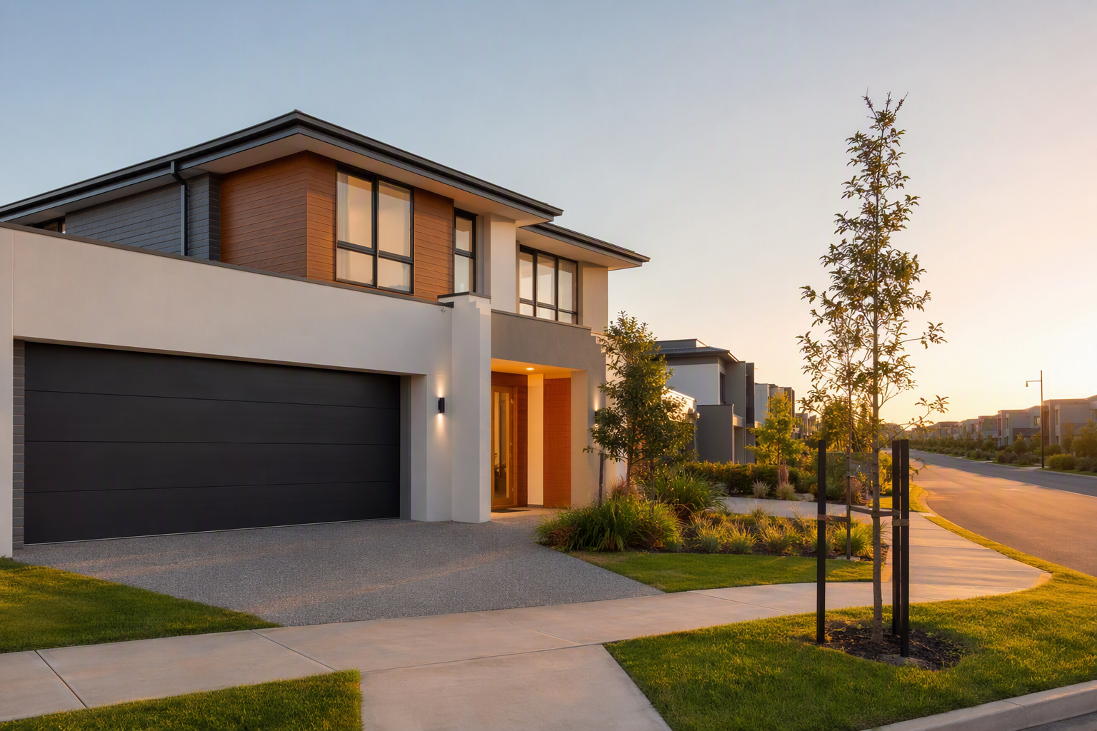 A newer family home on a landscaped verge in a residential Wellard street