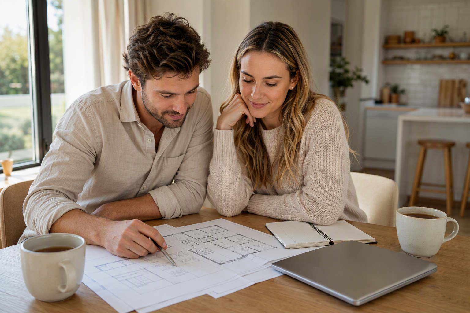 Two people sitting at a table reviewing house plans and paperwork together