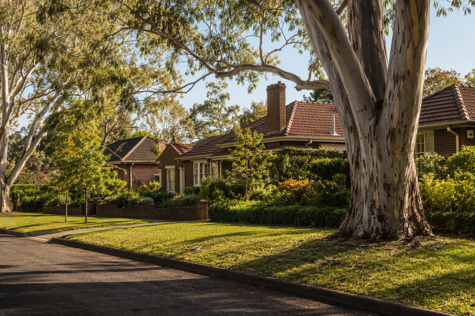 Established leafy suburban street with mature gum trees and older single storey brick homes at Orelia, Western Australia