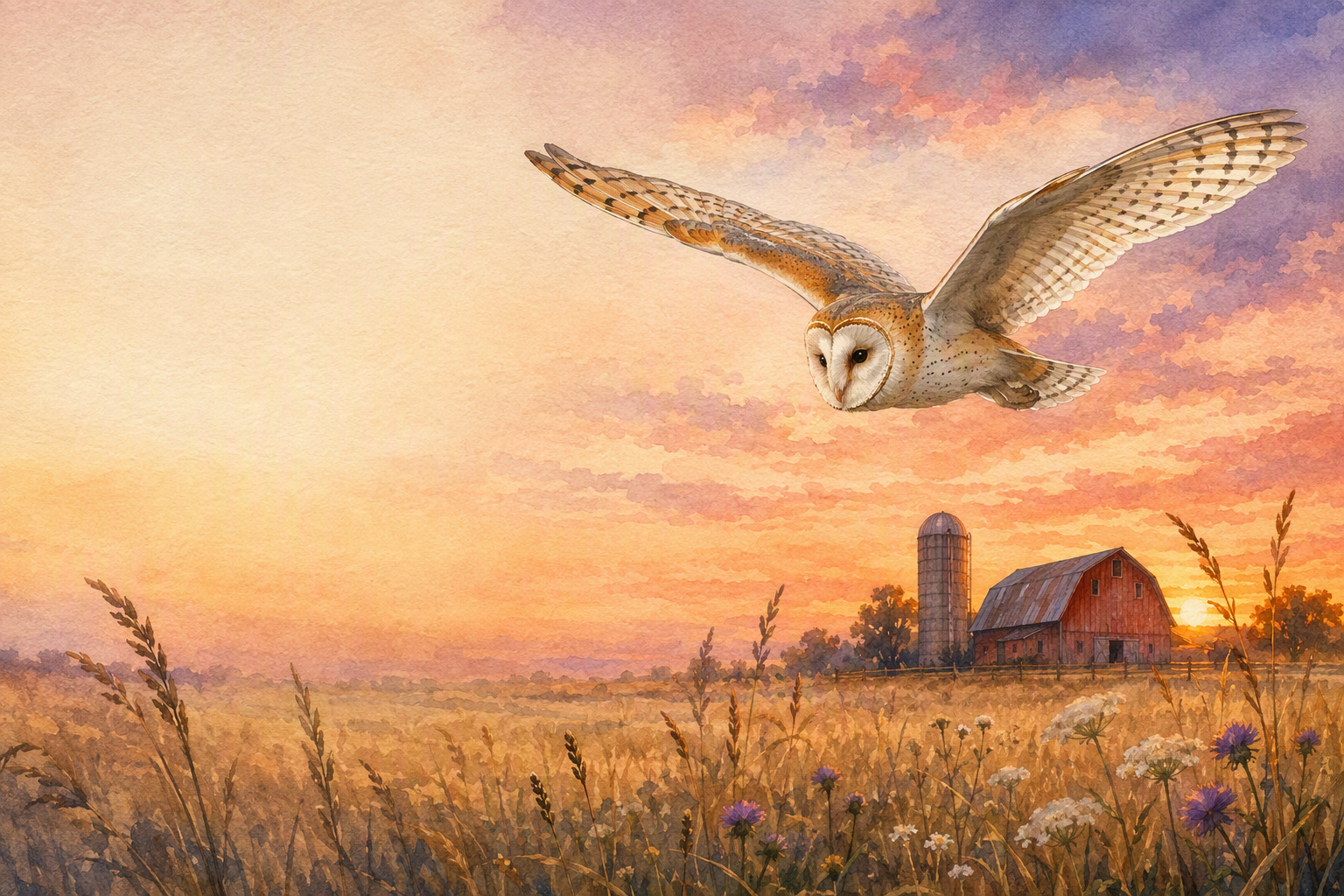 Barn owl gliding low over a golden meadow at dusk with a barn in the distance
