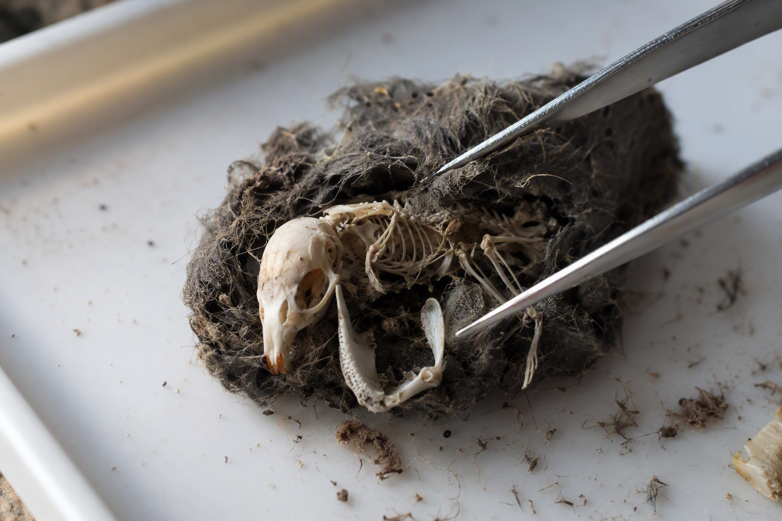 Macro photograph of a partly dissected owl pellet with a rodent skull and leg bones exposed