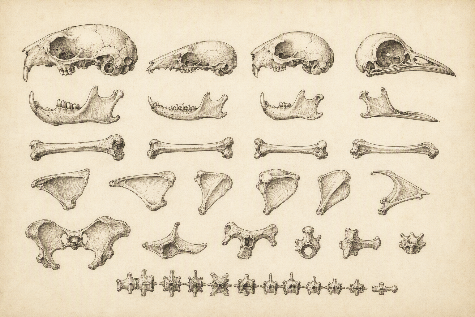 Naturalist specimen plate of vole, shrew, mouse and bird skulls with jaws, femurs and vertebrae