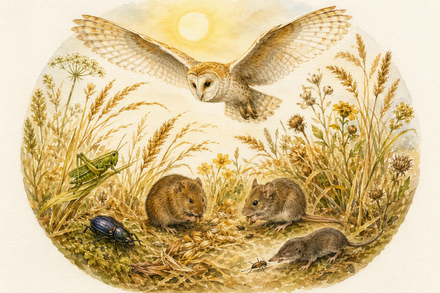 Illustrated meadow food web with sun, grass, insects, small mammals and a barn owl
