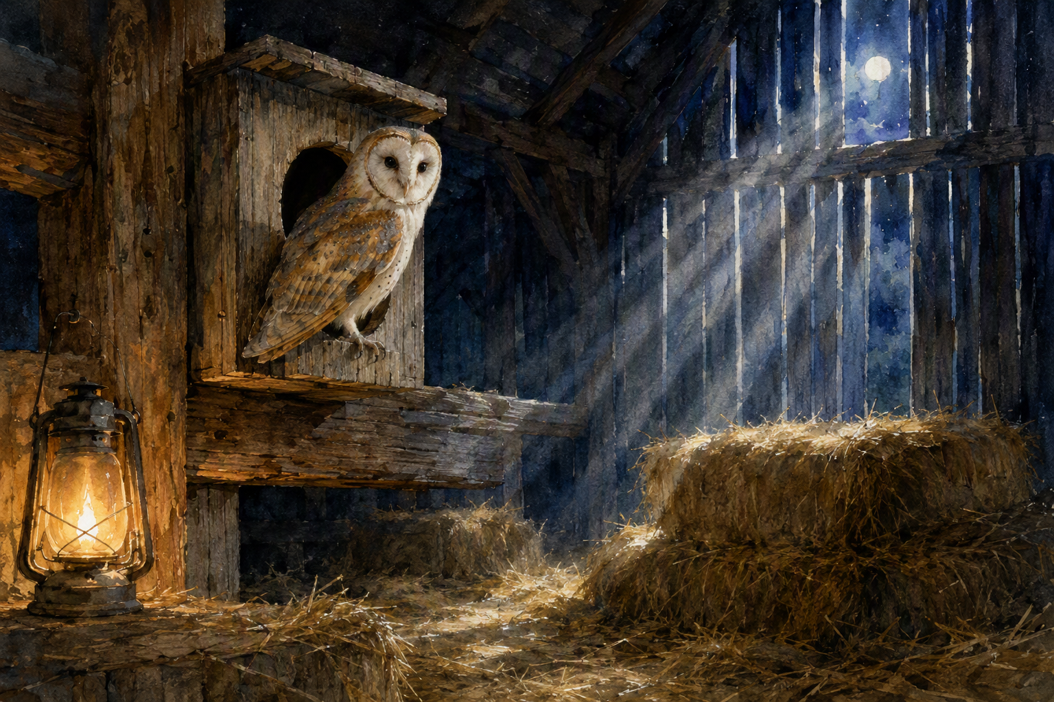Barn owl perched at the opening of a wooden nest box inside a moonlit barn