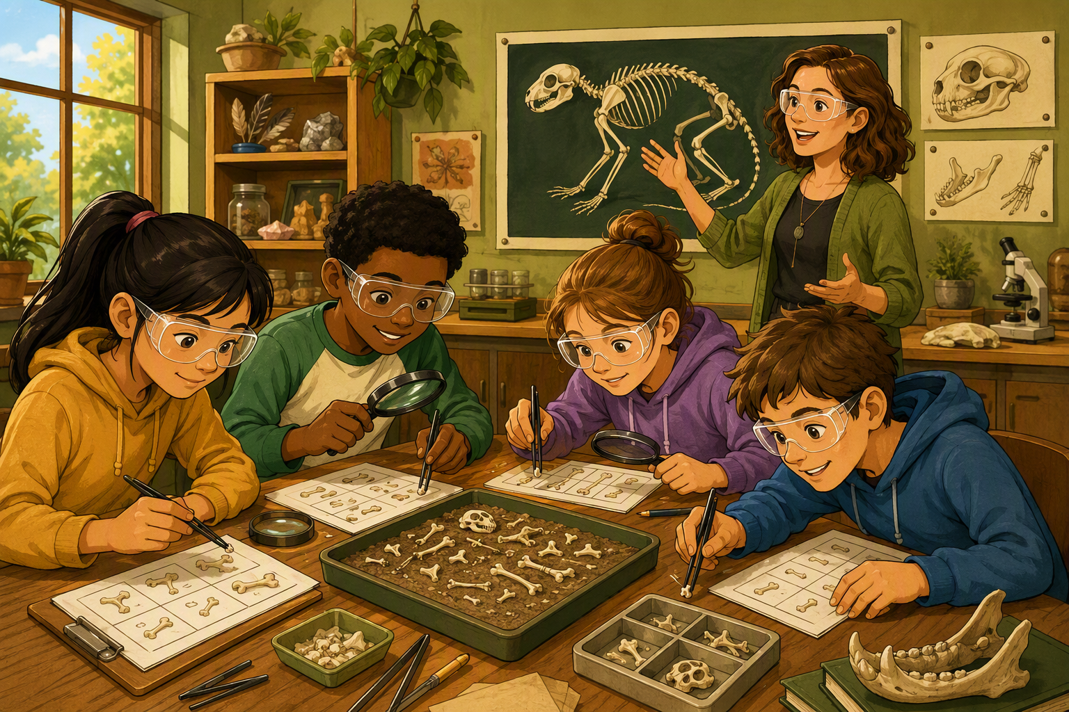 Illustration of students and a teacher examining owl pellet bones together in a classroom