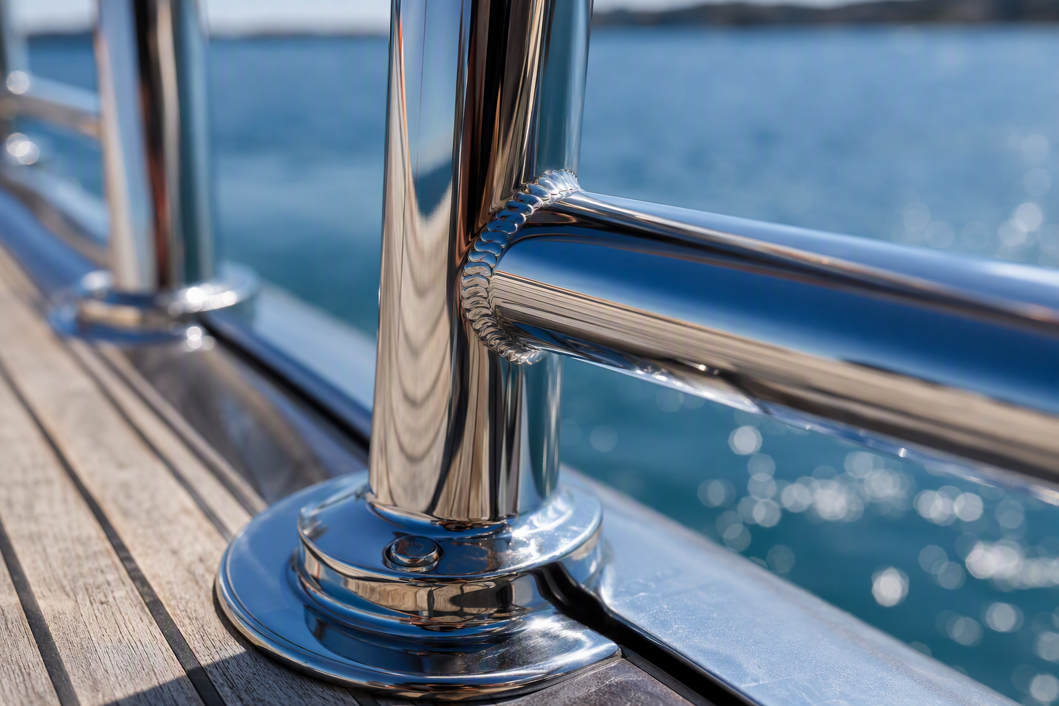 Mirror-polished stainless steel superyacht railing stanchion and handrail joint on a teak deck