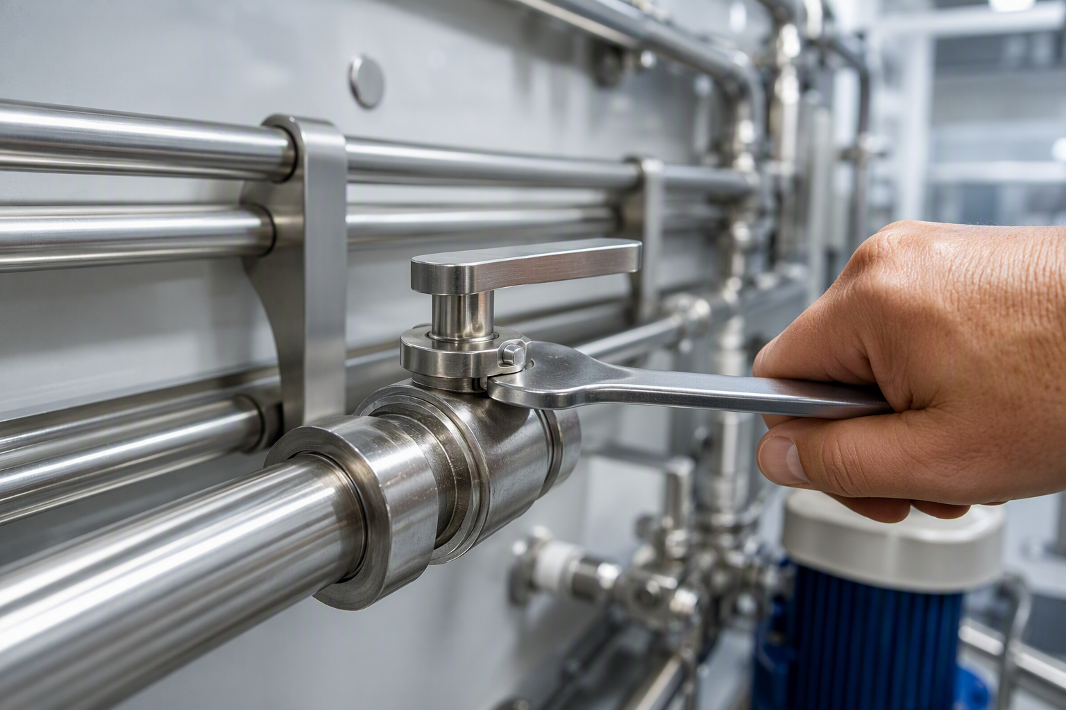Marine pipefitter tightening a lever-handle valve on neatly routed stainless pipe runs in a yacht engine room