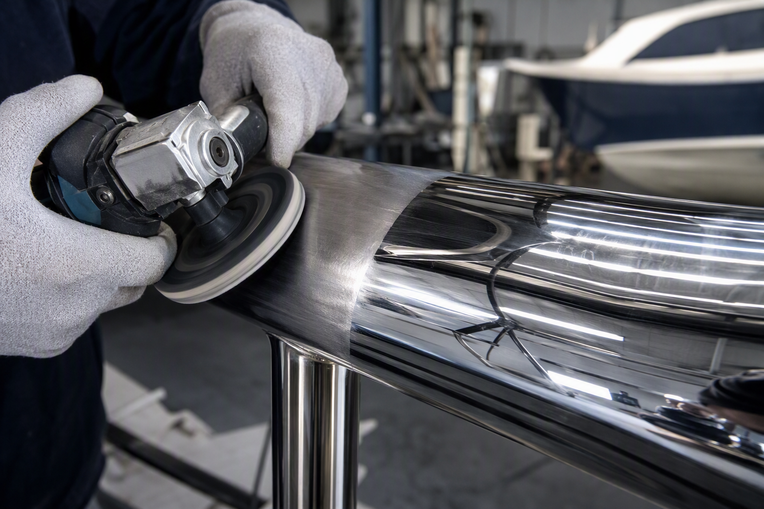 Marine metal worker polishing a stainless steel yacht handrail to a mirror finish with a rotary buffing wheel