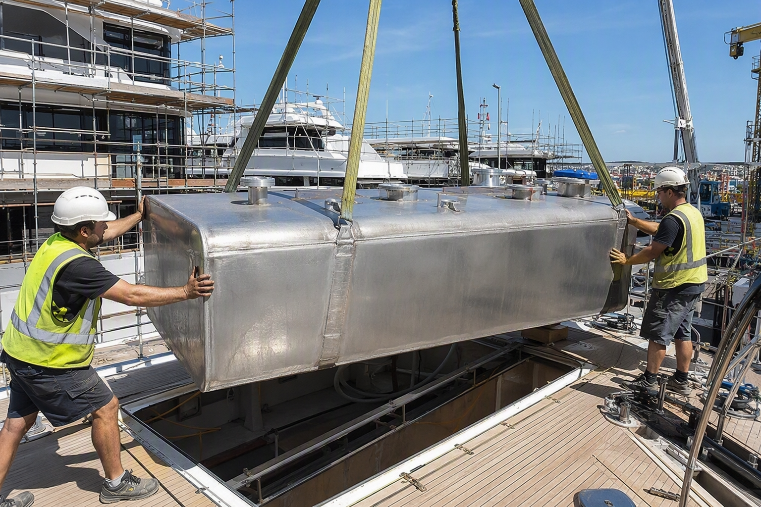 Large aluminum marine tank being lifted out of a boat hull compartment by an overhead hoist during a refit