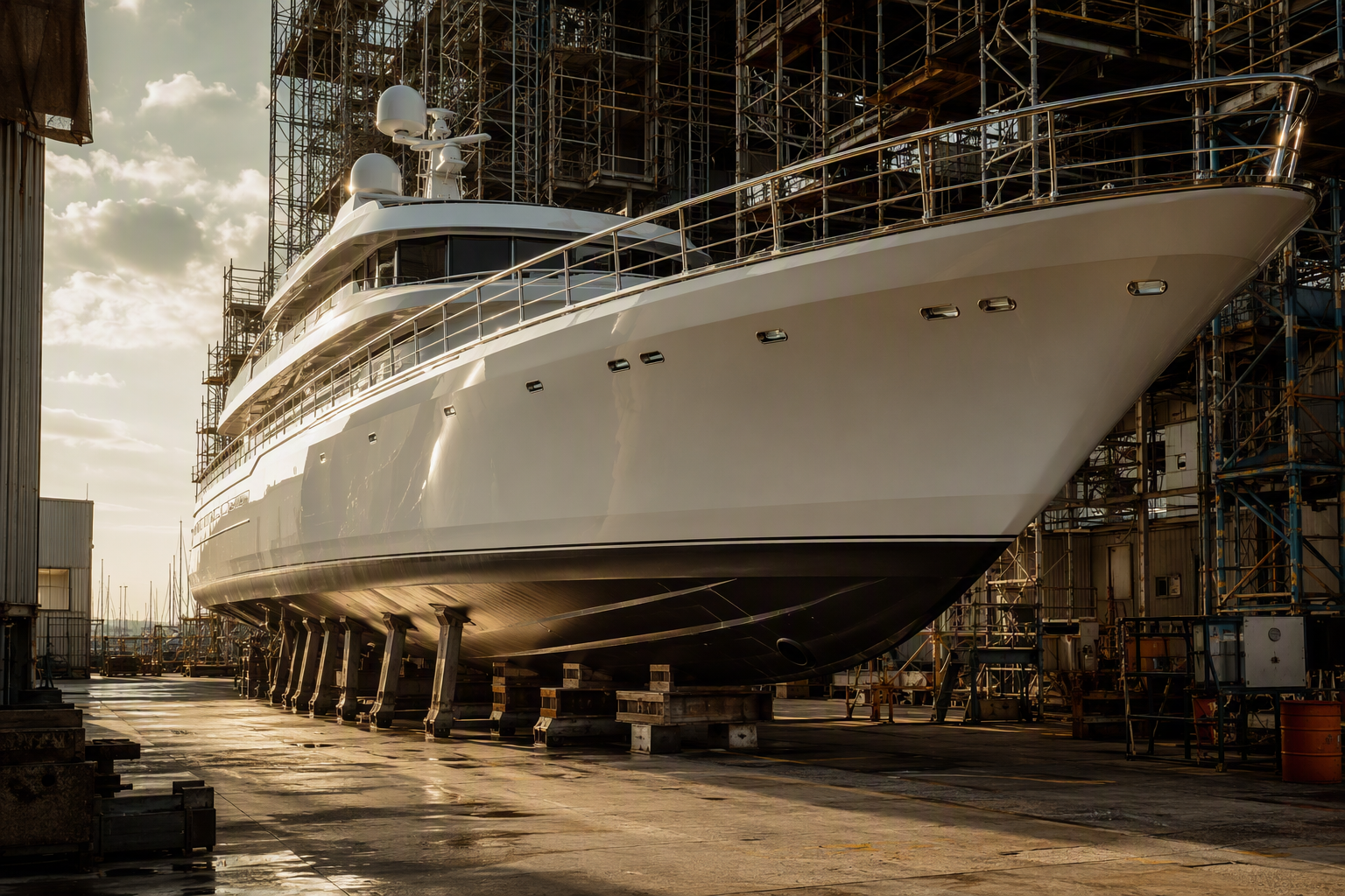 Superyacht hull in a Fort Lauderdale shipyard for refit, with polished stainless deck railings and yard scaffolding behind