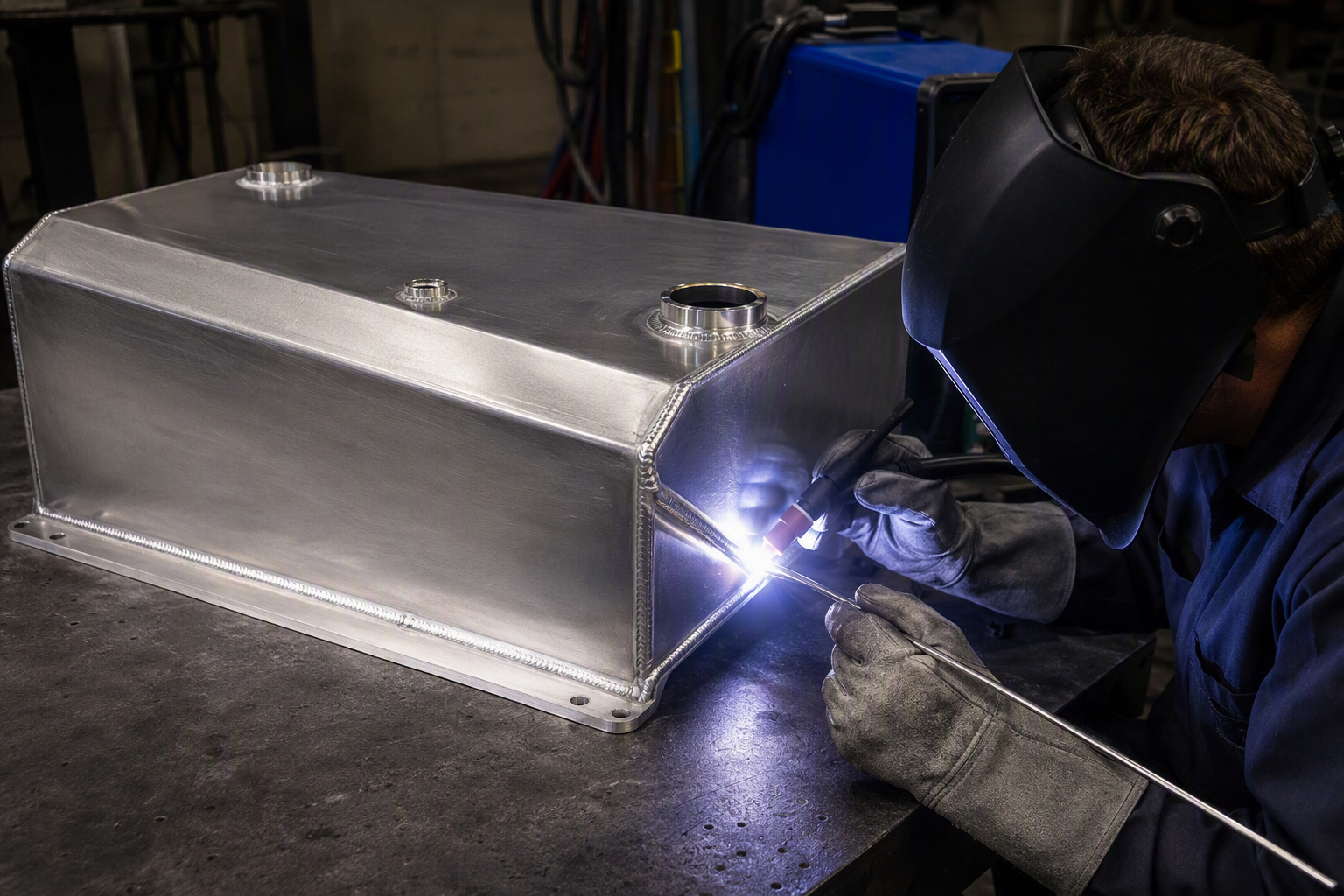 Welder TIG welding a baffled aluminum marine fuel tank