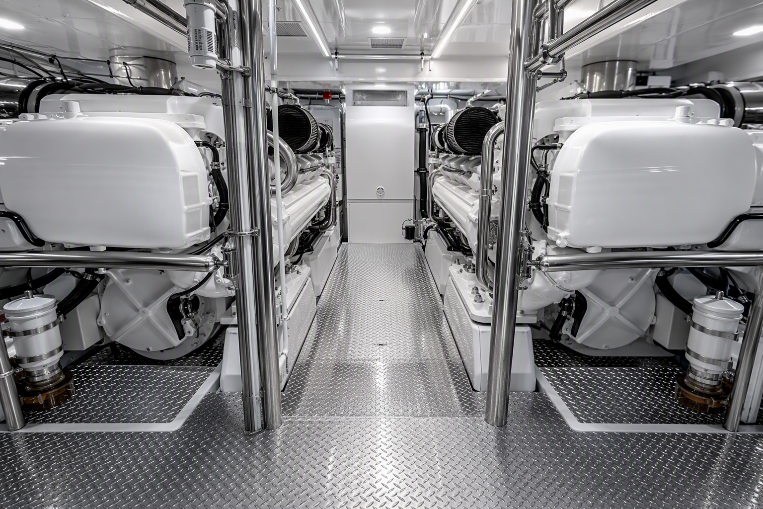 Yacht engine room with aluminum diamond-plate flooring and structural bracing
