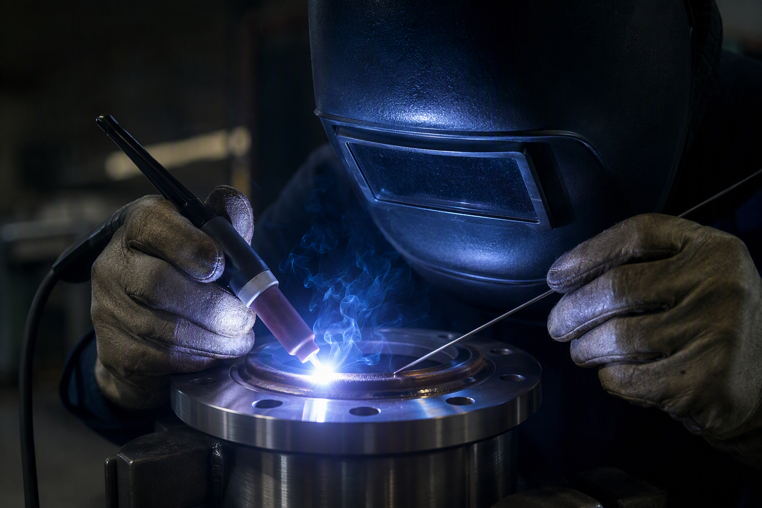Certified welder performing marine TIG welding on a stainless steel structural component