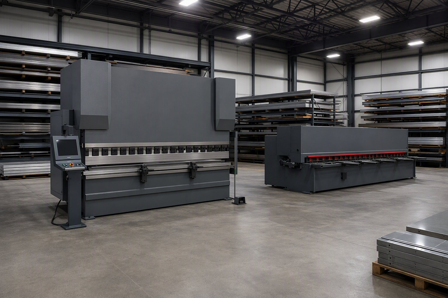 Metal fabrication facility in Fort Lauderdale with press brake, shearing machines and steel and aluminum plate racks