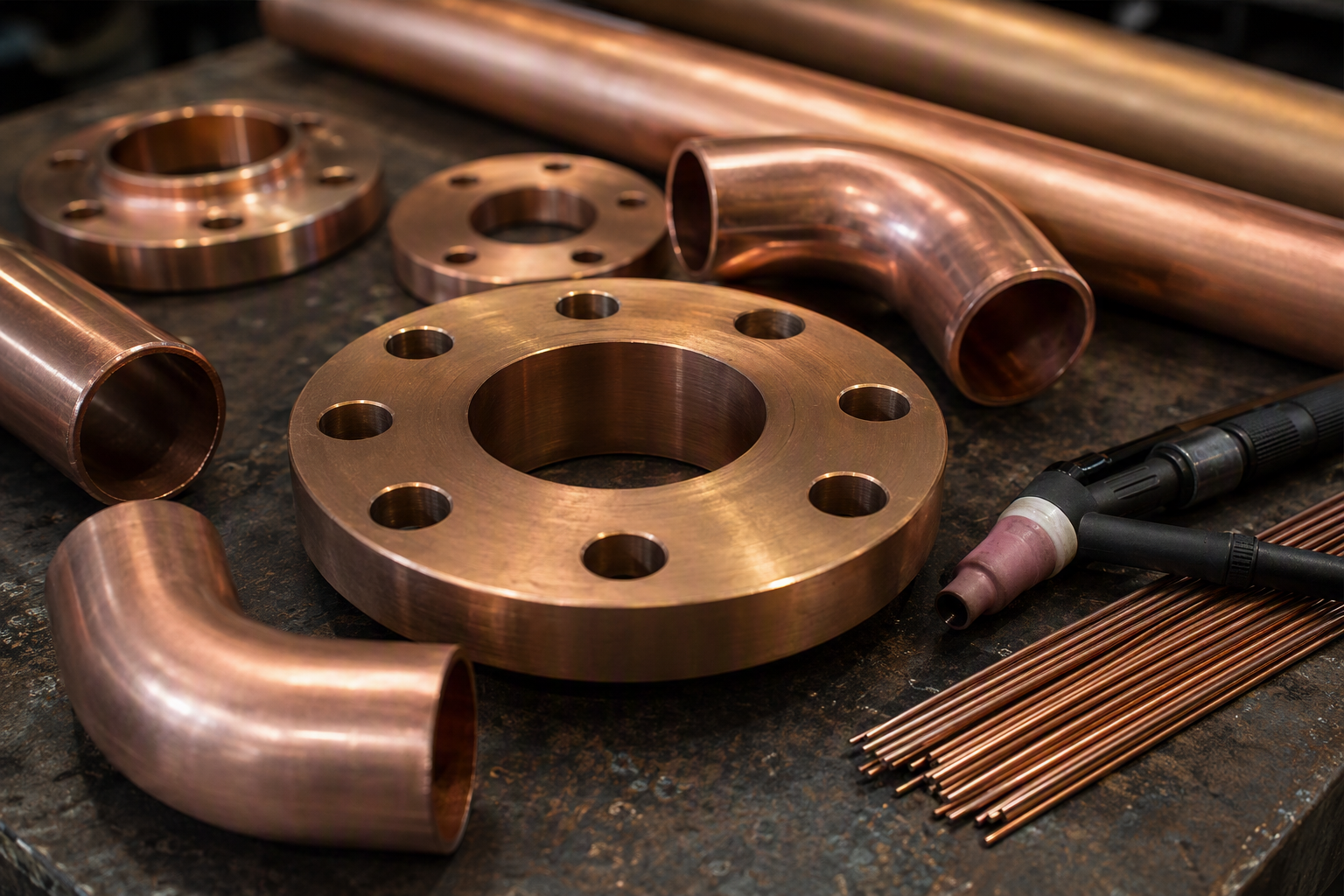 Copper-nickel marine pipe sections, elbows and flanges on a fabrication bench with welding torch and filler rod