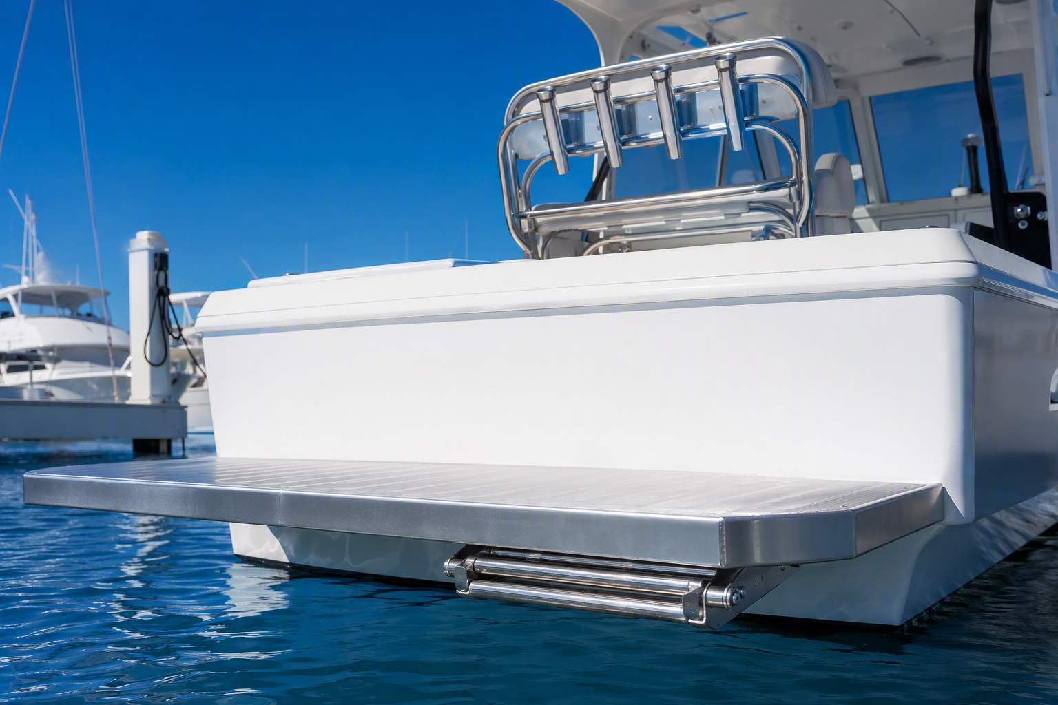 Custom welded aluminum swim platform with folding stainless boarding ladder on a sportfishing boat
