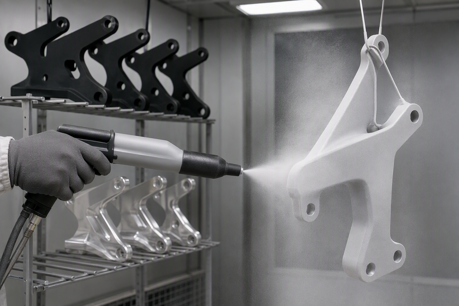 Powder coating being sprayed onto an aluminum marine bracket in a finishing booth beside racked anodized parts