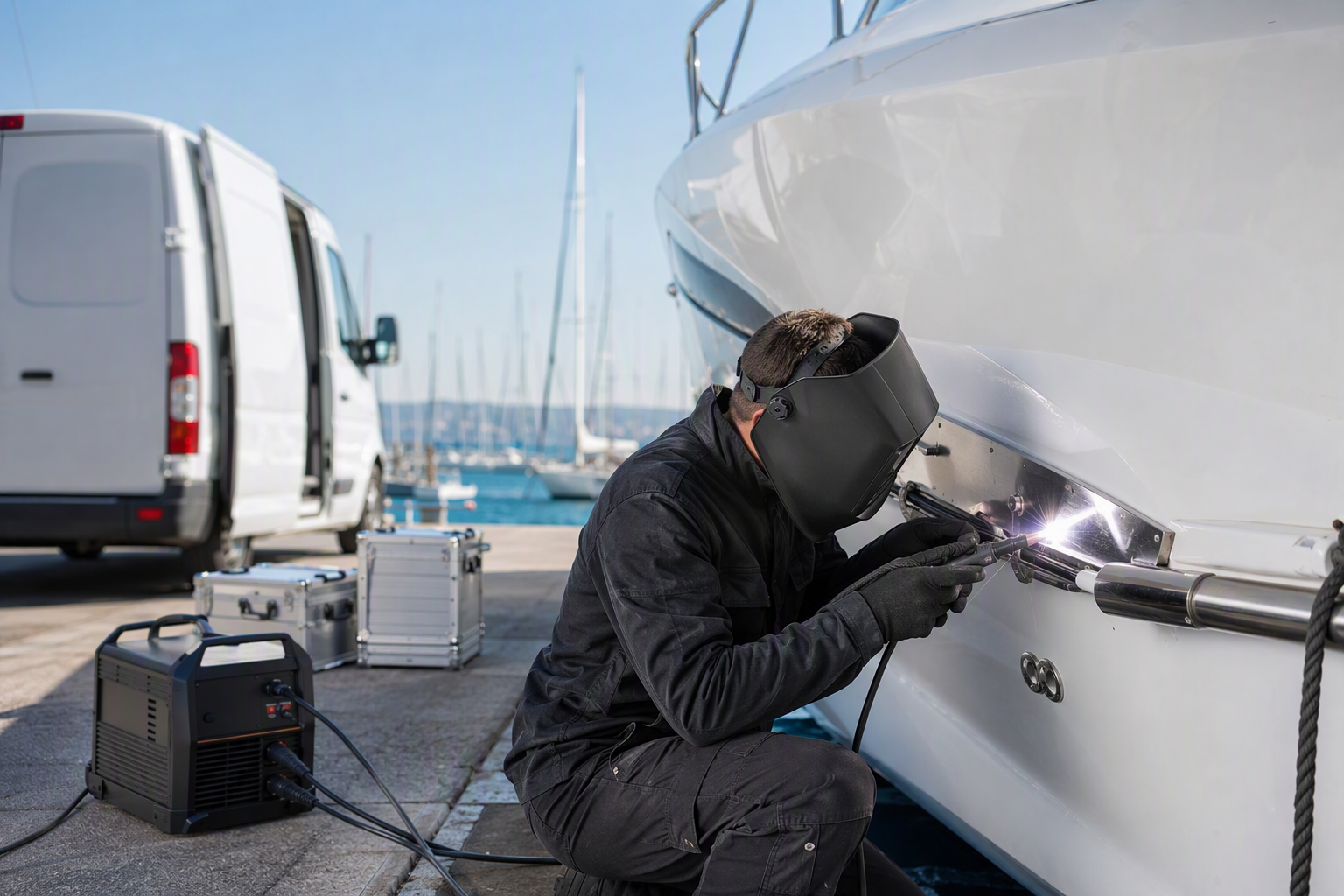 Mobile marine fabrication technician TIG welding a stainless fitting dockside beside a large yacht at a marina