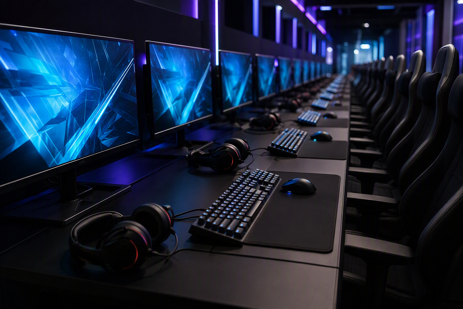 rând de birouri pentru joc competitiv, cu tastaturi mecanice, mouse-uri pe mousepad-uri mari, căști și monitoare aprinse într-o cameră întunecată