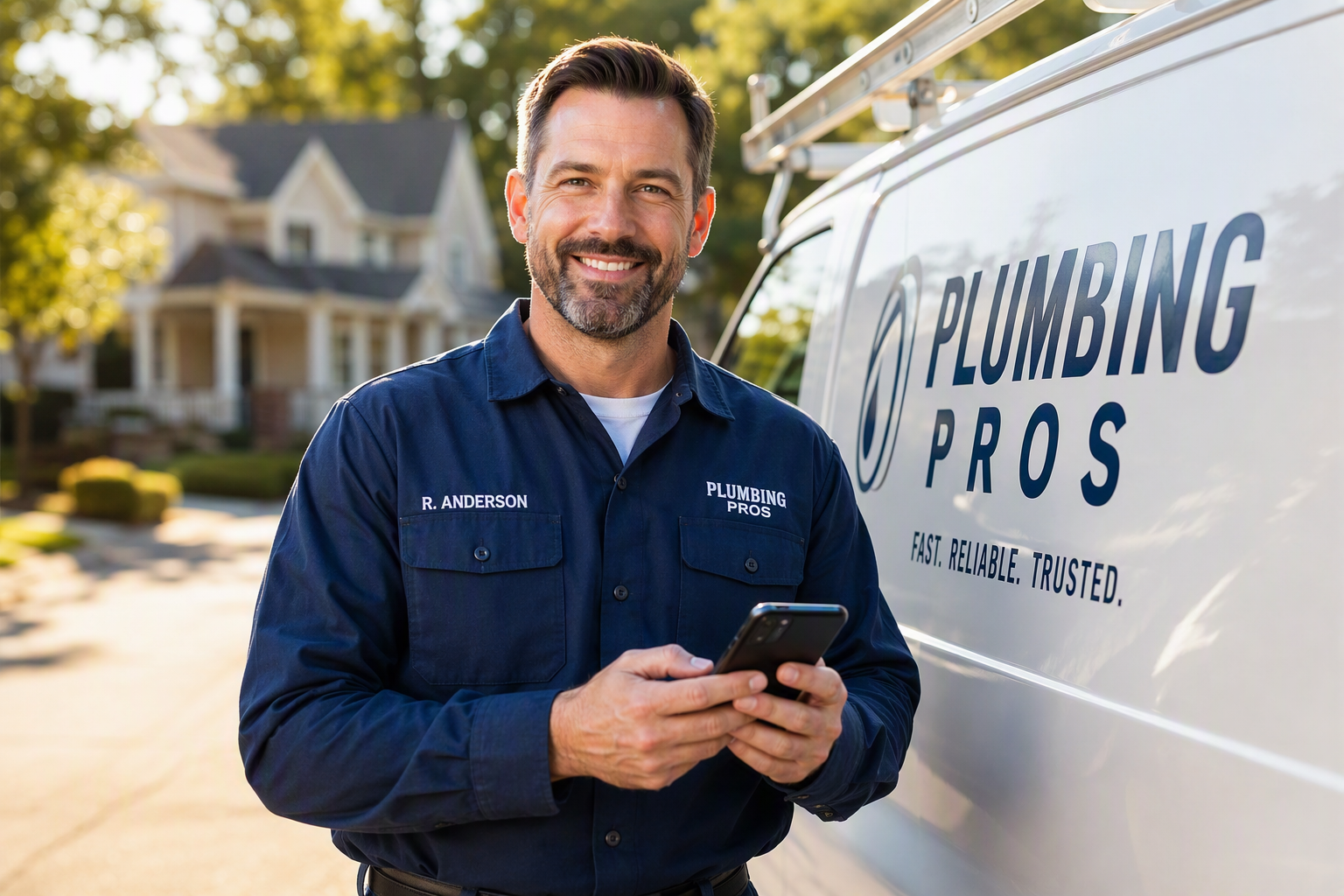 Uniformed plumber standing beside his service van, sending a customer update from his phone