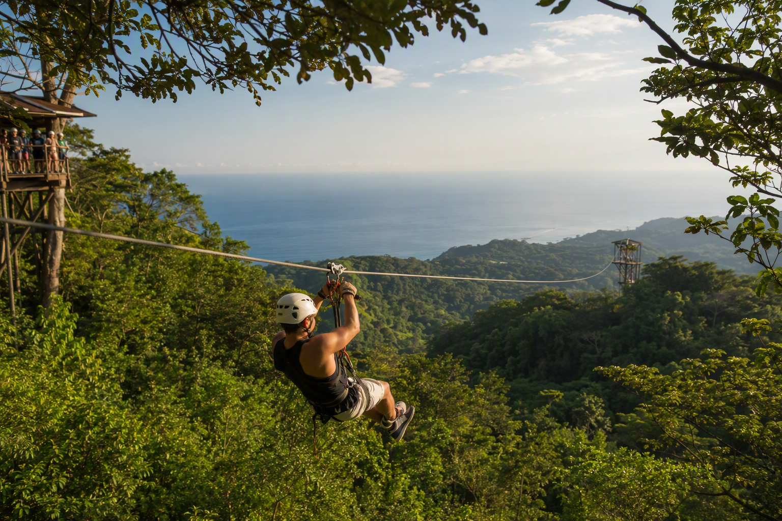 Rider de zipline volando sobre el dosel del bosque de chicle con el Pacífico al fondo en Jacó