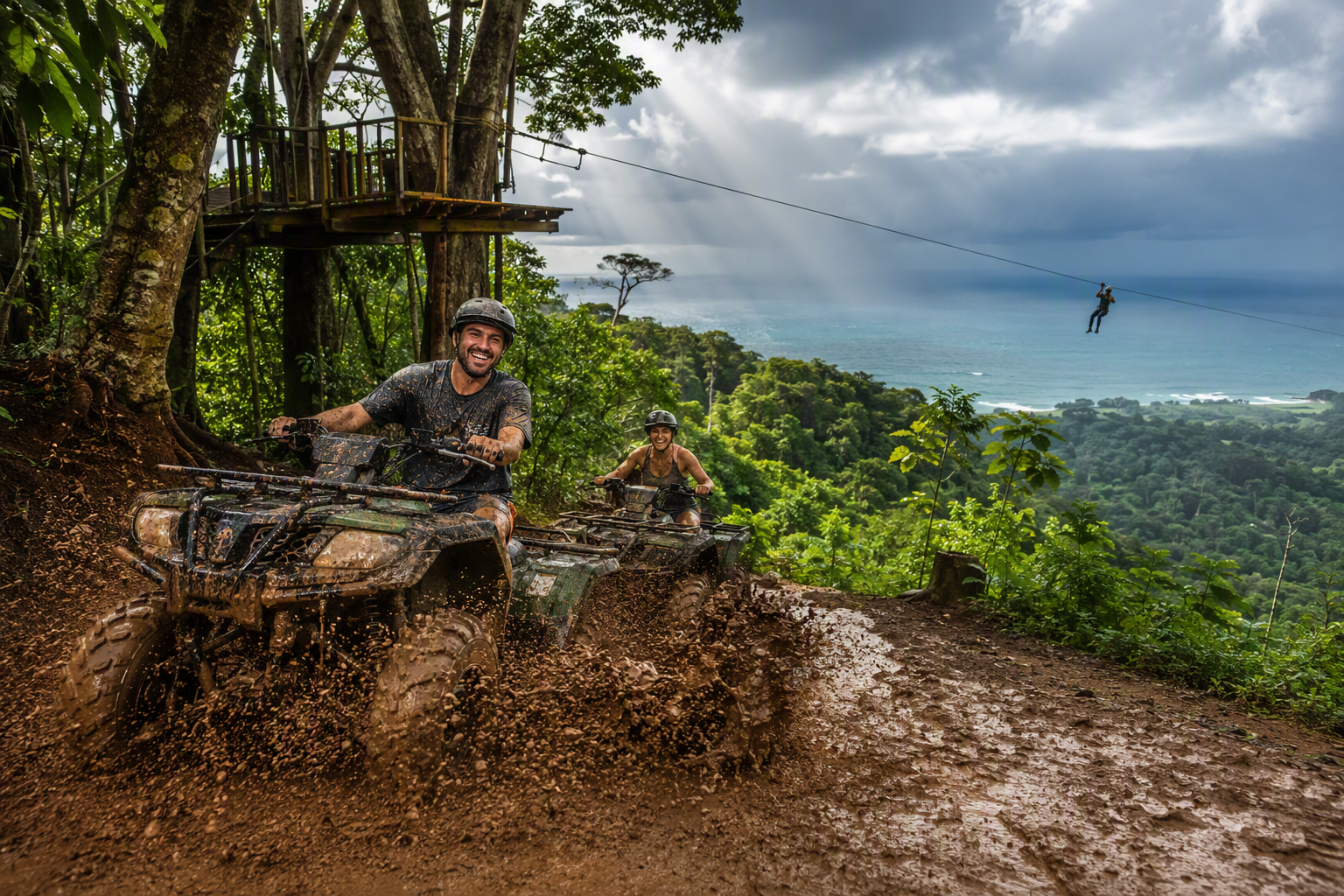 Jinete de ATV cubierto de barro junto a una linea de zipline sobre el bosque verde de Jaco en temporada de lluvia