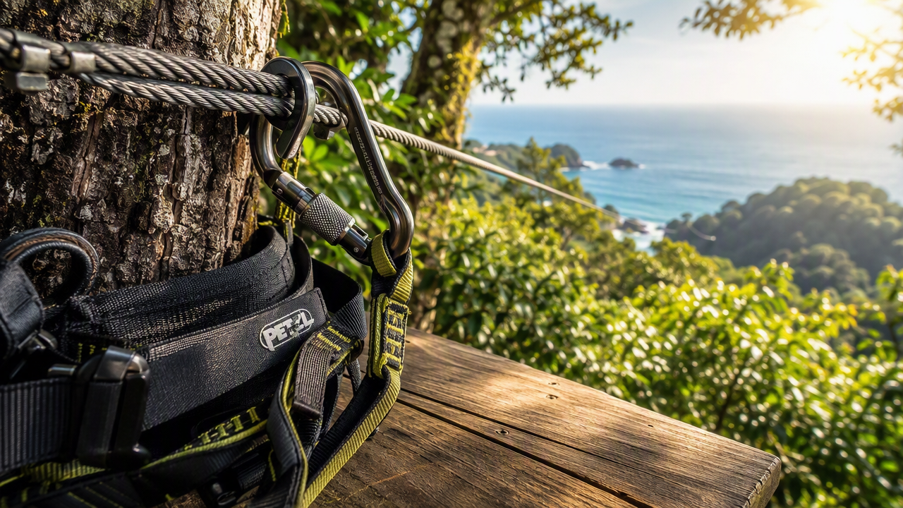 Professional climbing harness and carabiner on a steel zipline cable above the Costa Rica rainforest canopy
