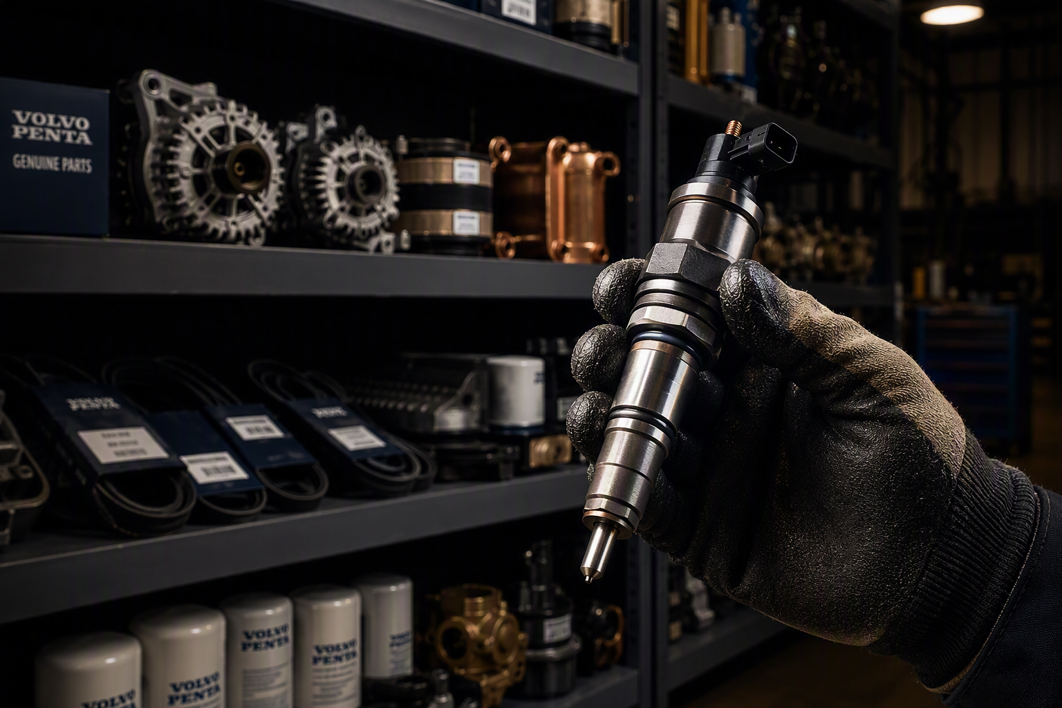 Shelves of marine diesel and generator parts in a workshop