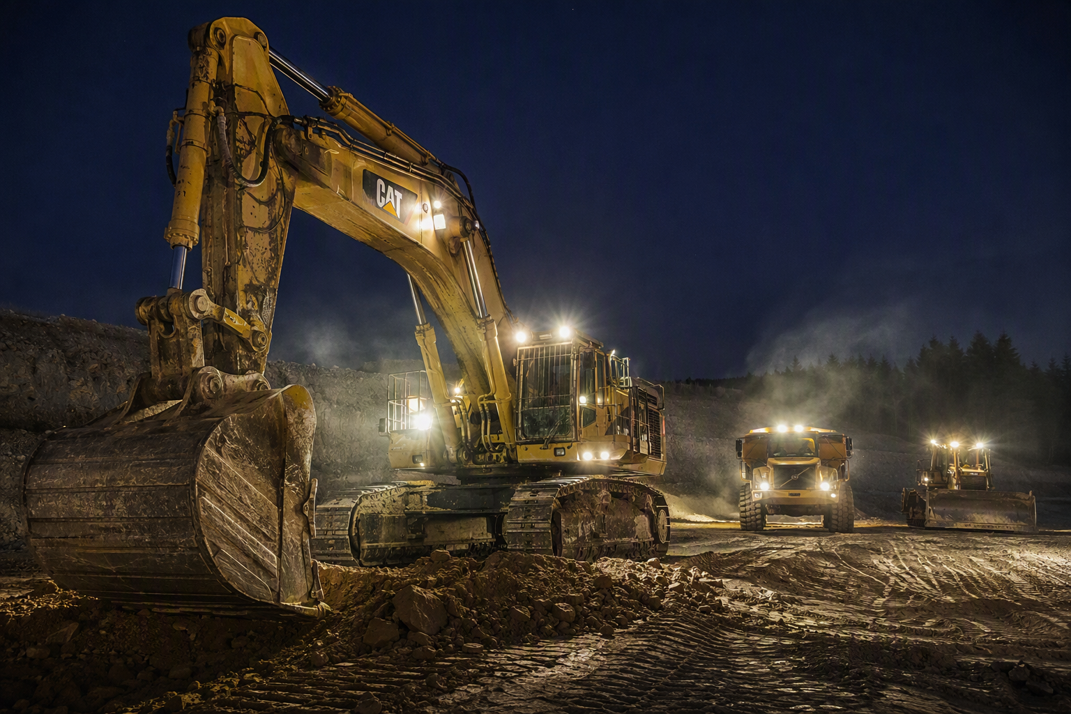 Heavy equipment excavators on a job site at dusk