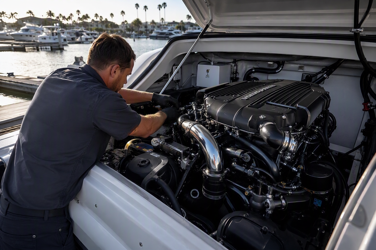 Marine diesel engine being serviced at a dock