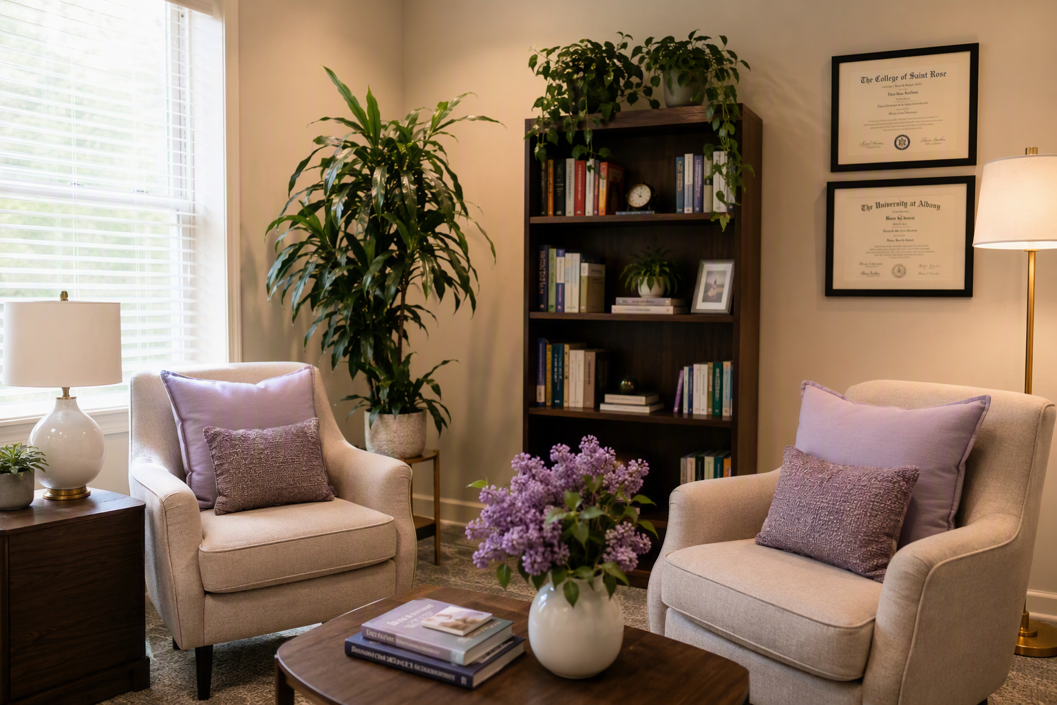 A calm therapy office with comfortable armchairs and natural light
