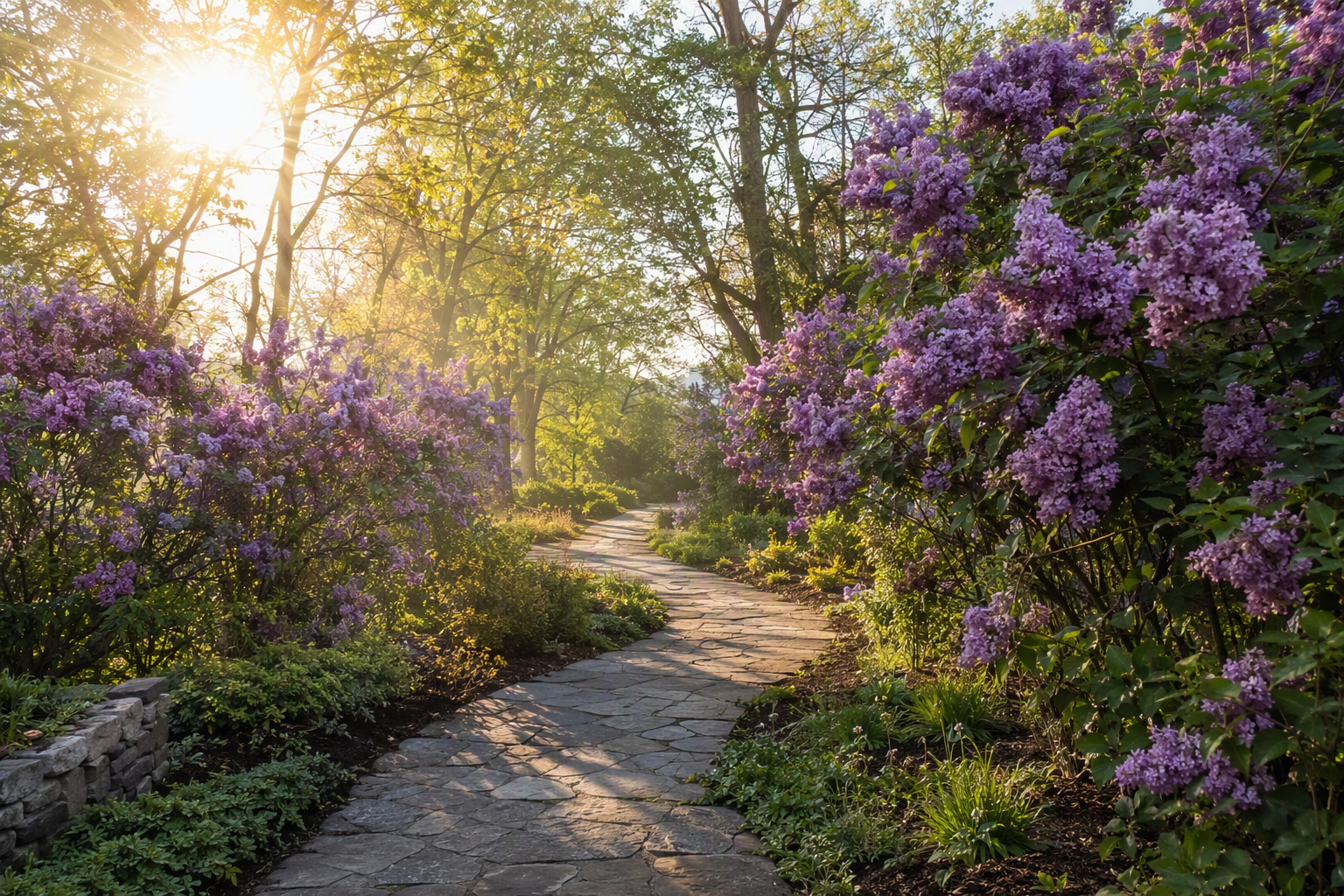 A path winding through a spring garden with blooming lilacs