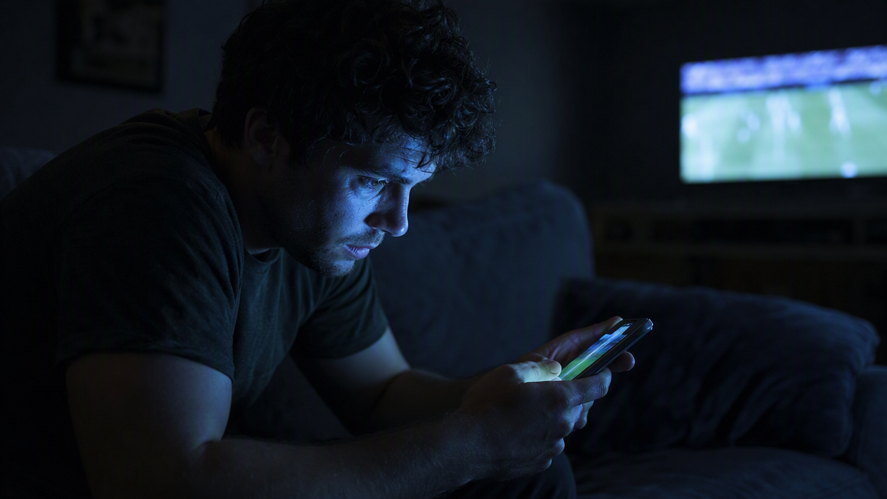 A young adult sitting alone on a couch at night, face lit by a phone showing a live sports game