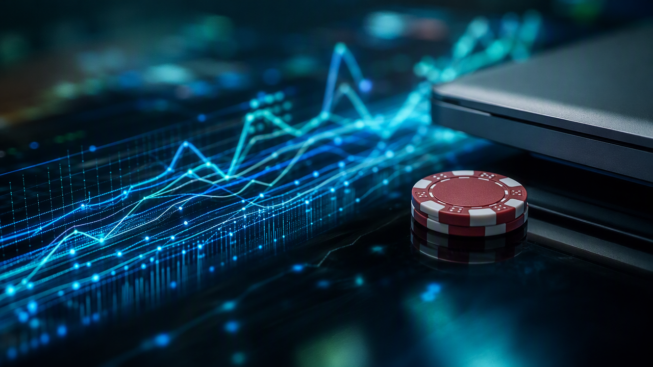 A glowing probability chart floating above a dark desk beside a laptop and a poker chip