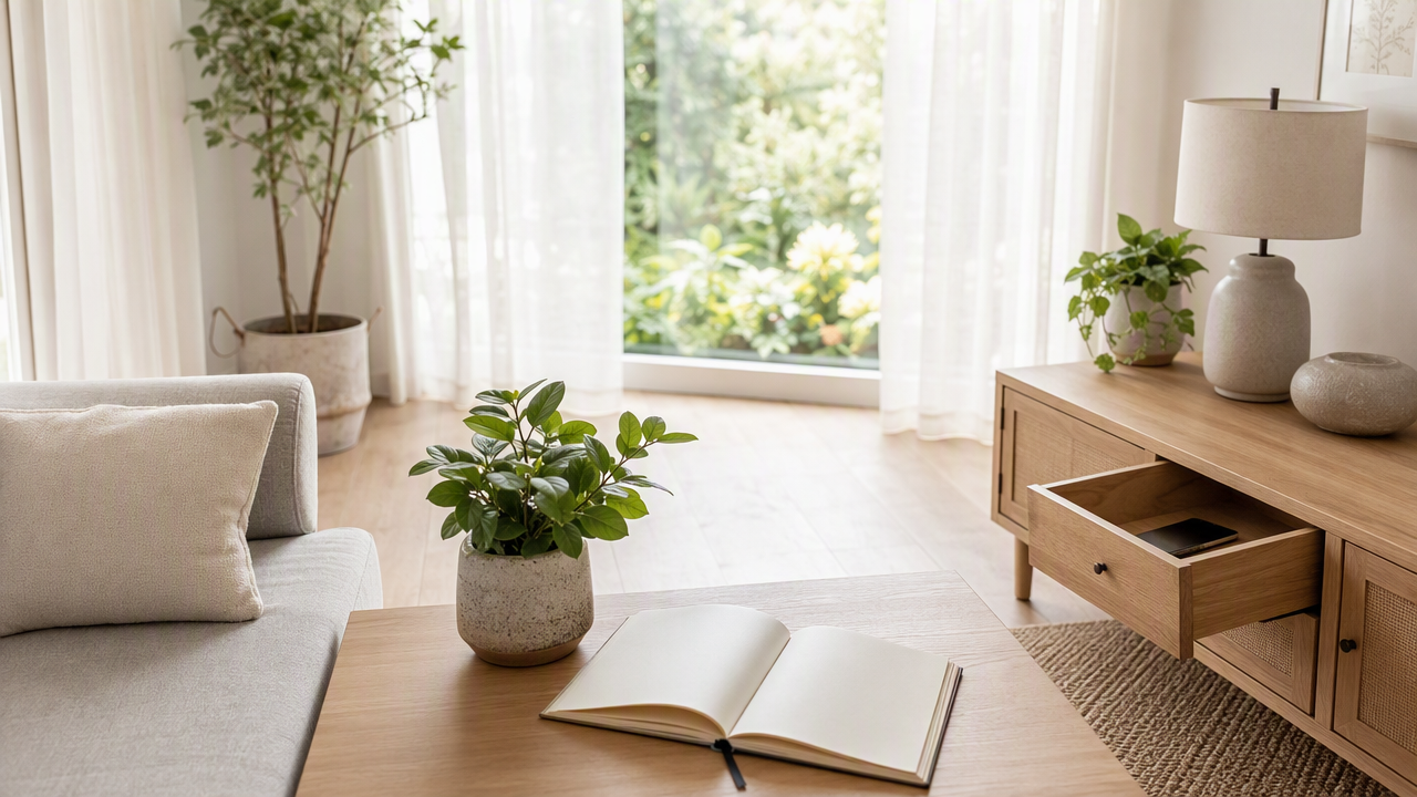 A calm, tidy sunlit living room with an open journal and a plant on a wooden table