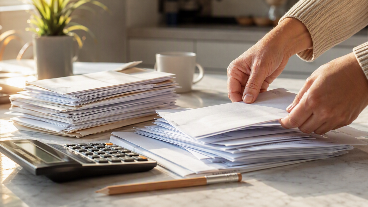 Bills and a calculator on a kitchen counter in morning light