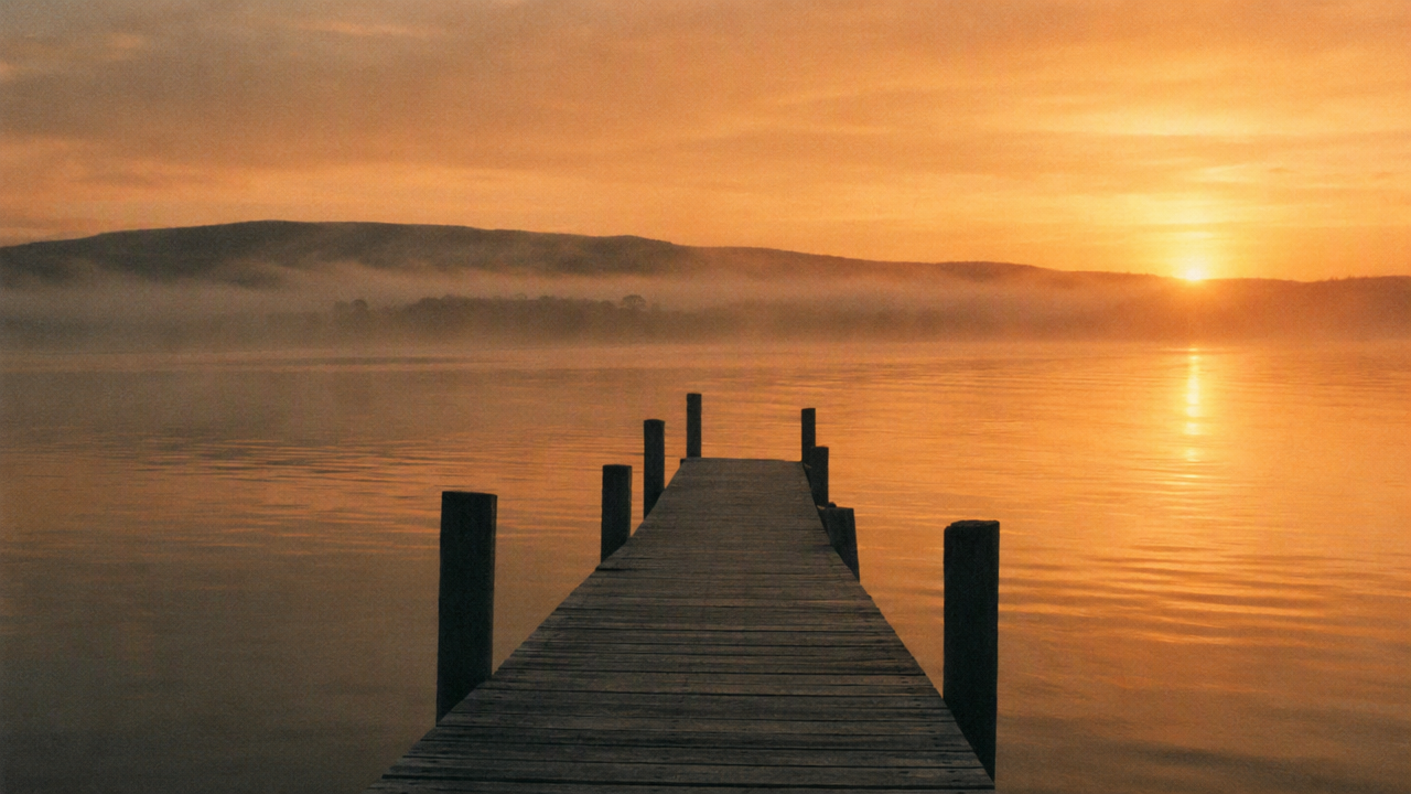 Warm morning light on calm water beside a weathered wooden dock