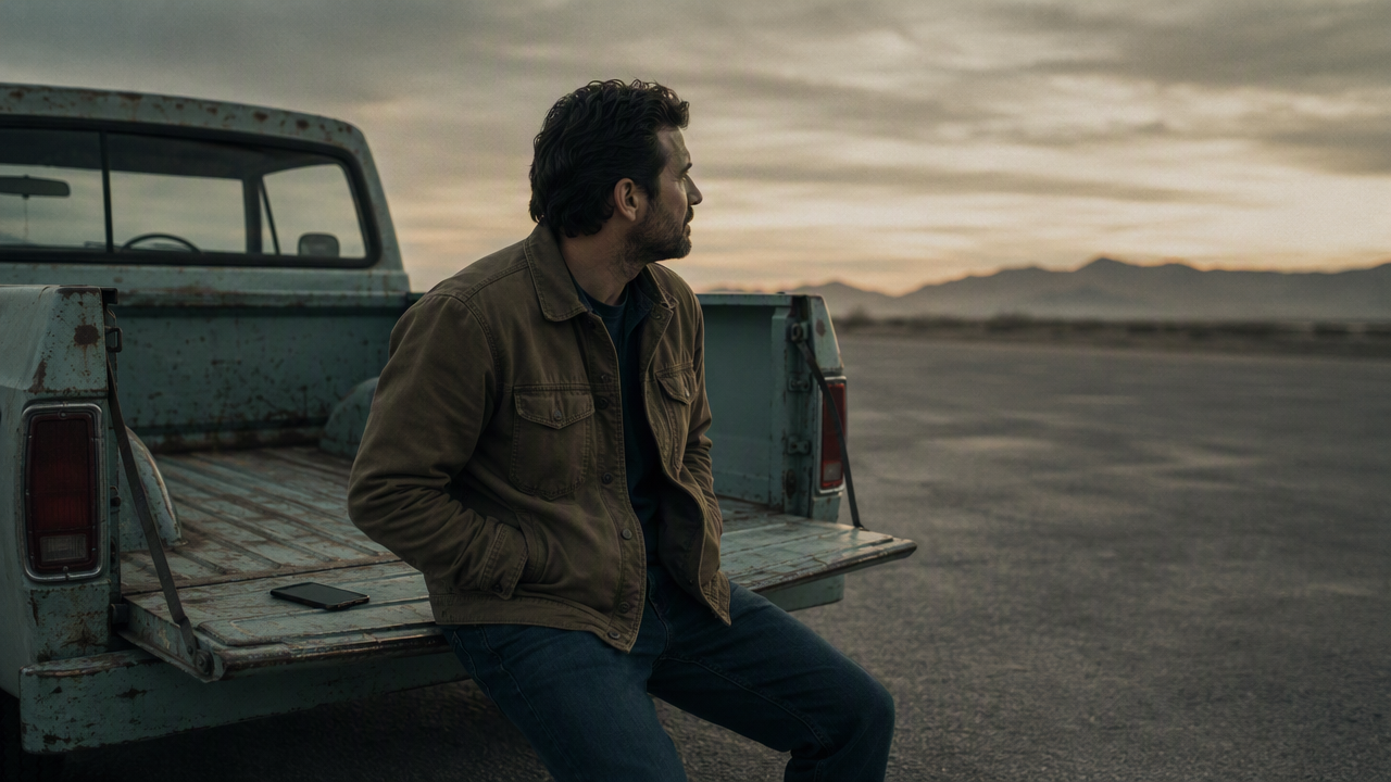 A man sitting alone on the tailgate of a pickup truck at dawn, phone face down beside him