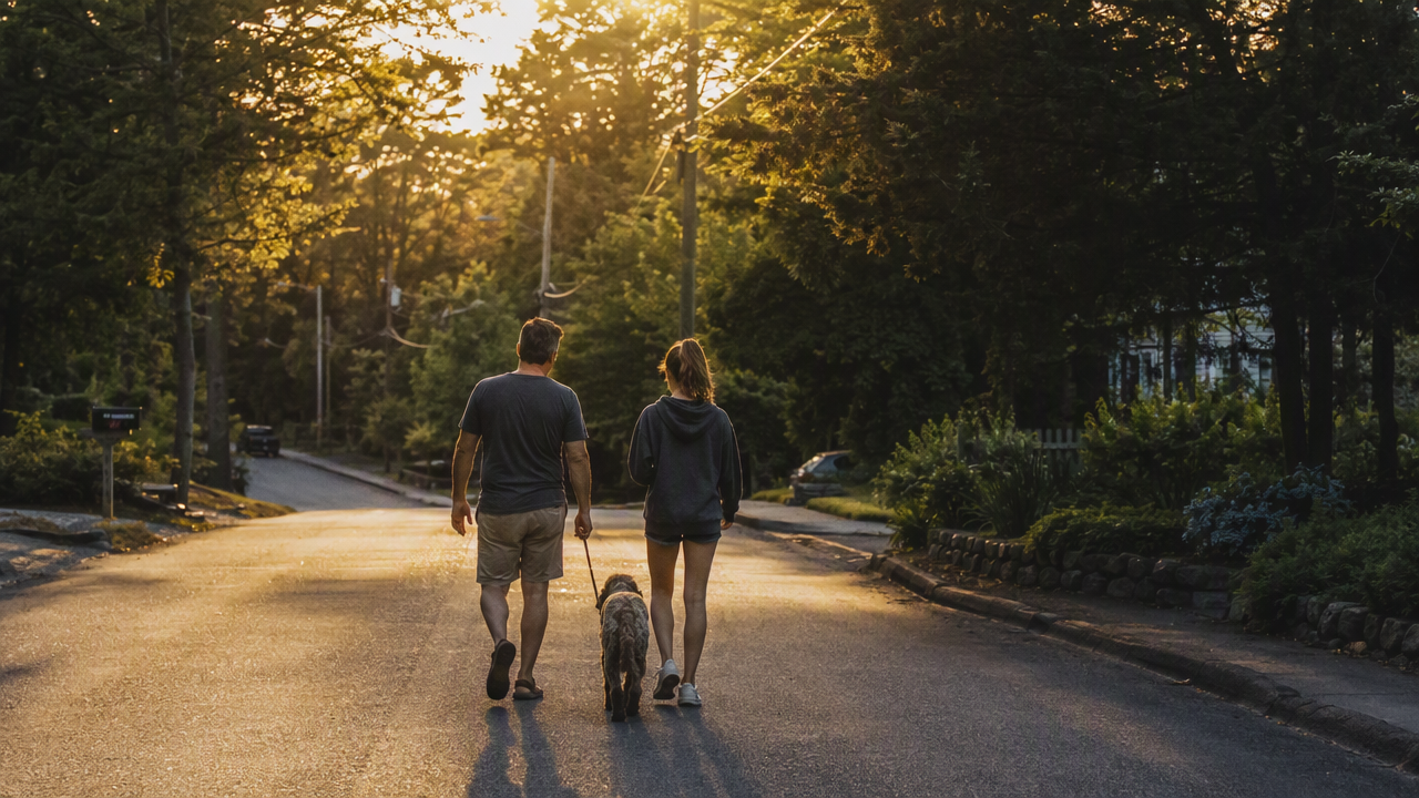 A father and his teenage daughter walking the dog along a tree-lined street in golden hour light