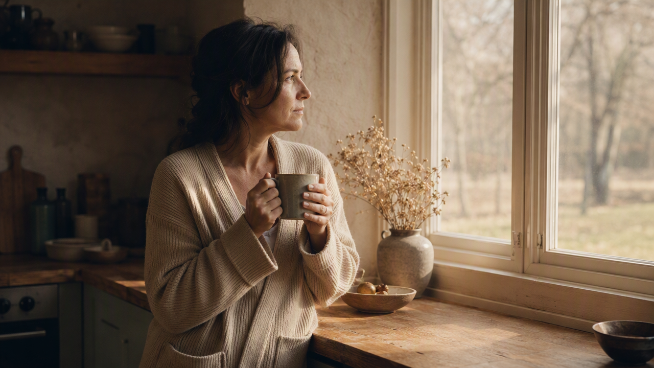 A woman standing at a kitchen window in early morning light, holding a mug with both hands