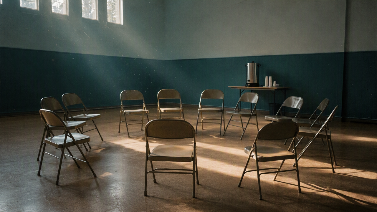 A circle of empty folding chairs and a coffee urn in a community hall before a meeting begins