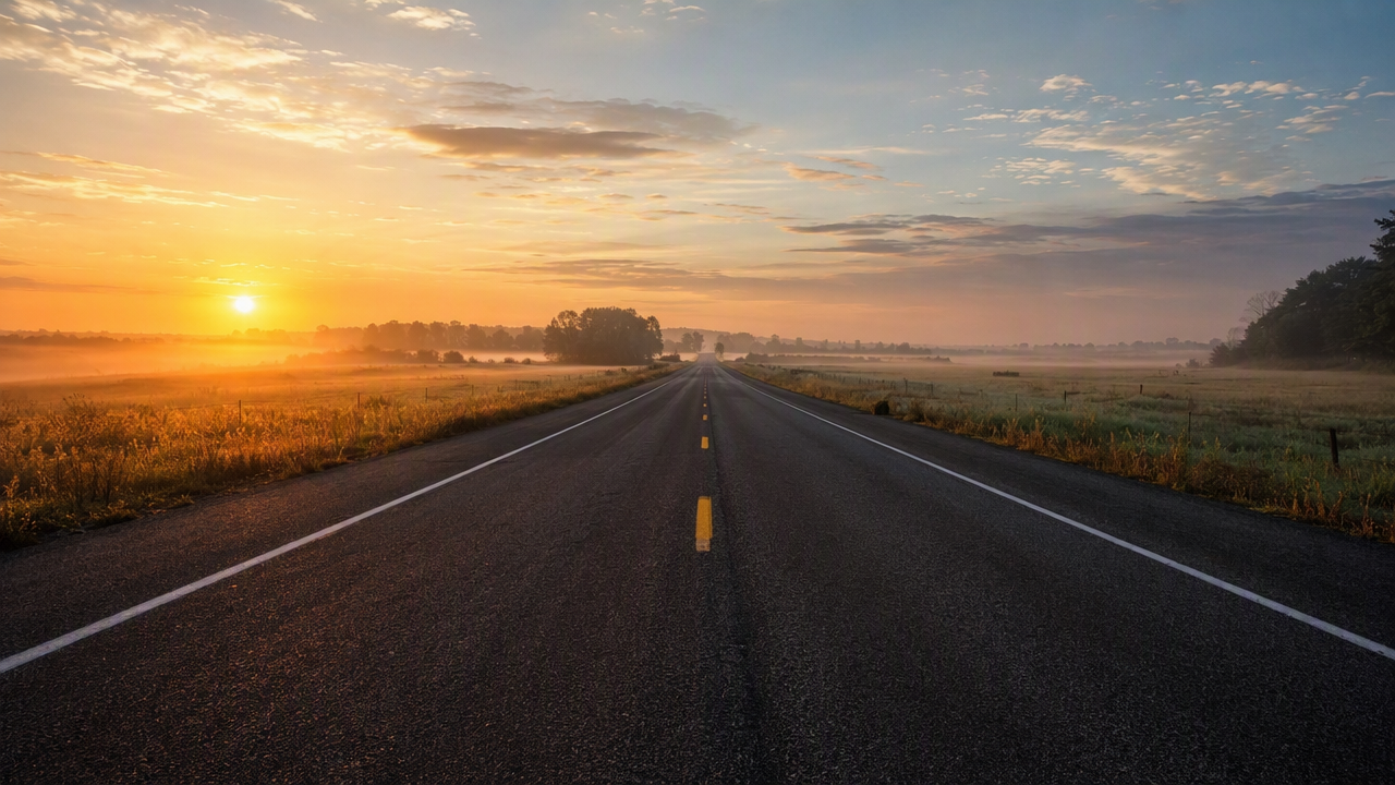 Mist lifting off open fields beside a quiet road at sunrise