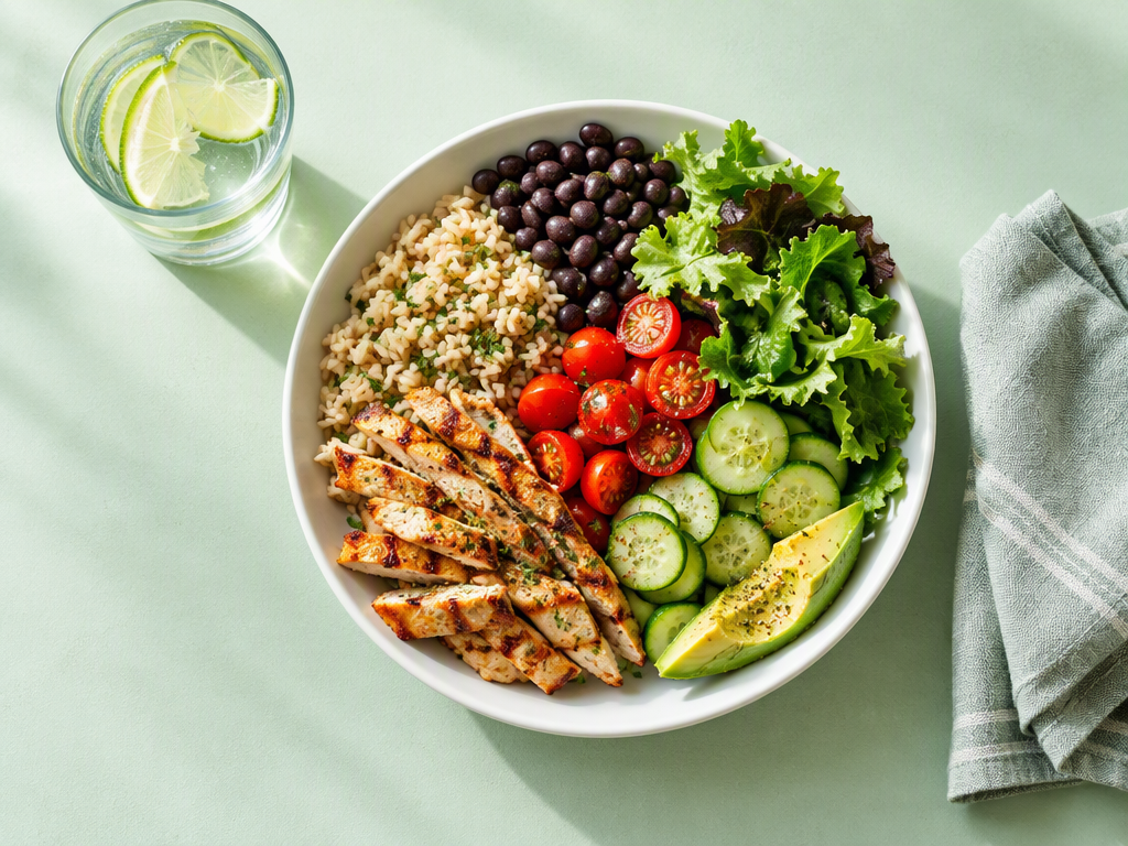 Prato equilibrado com proteína, arroz, feijão, salada e legumes