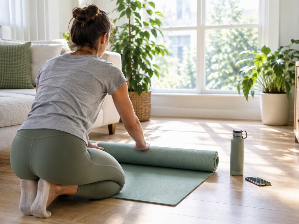 Pessoa estendendo um tapete de yoga na sala de casa para se movimentar