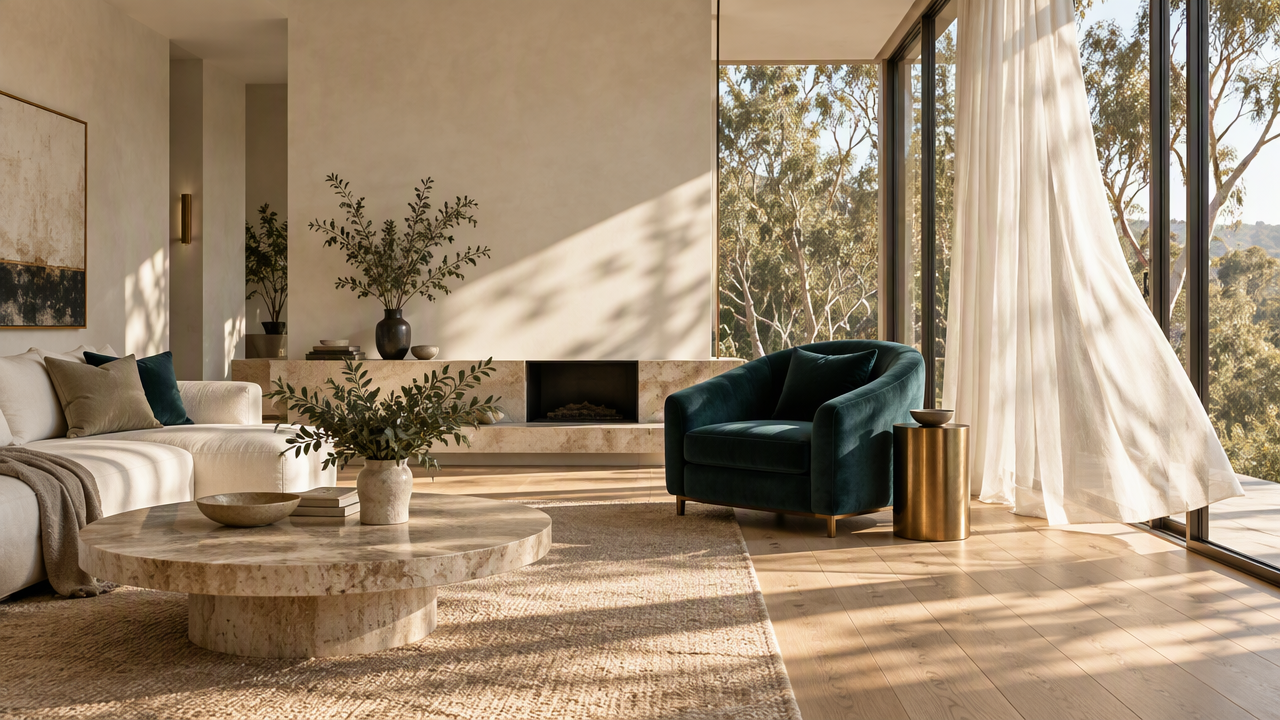 Illustrative Australian interior with sunlit cream walls, timber flooring and a gently lifted sheer curtain