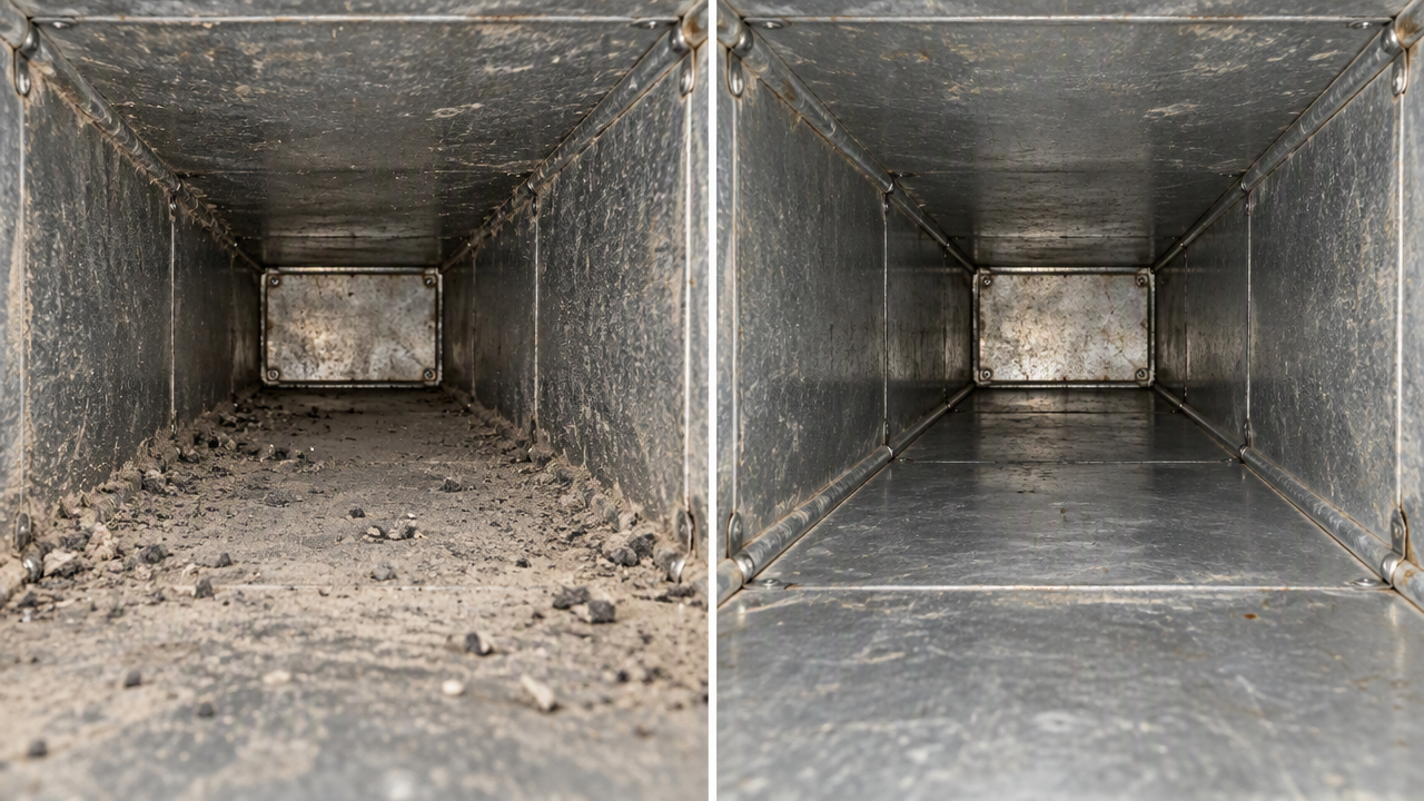 AI illustration: matching steel duct interiors, accumulated dust on the left and loose dust removed on the right