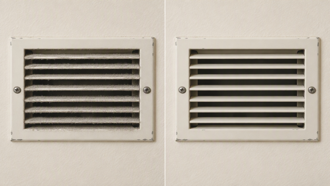 AI illustration: matching cream vent registers, dusty slats on the left and surface dust removed on the right