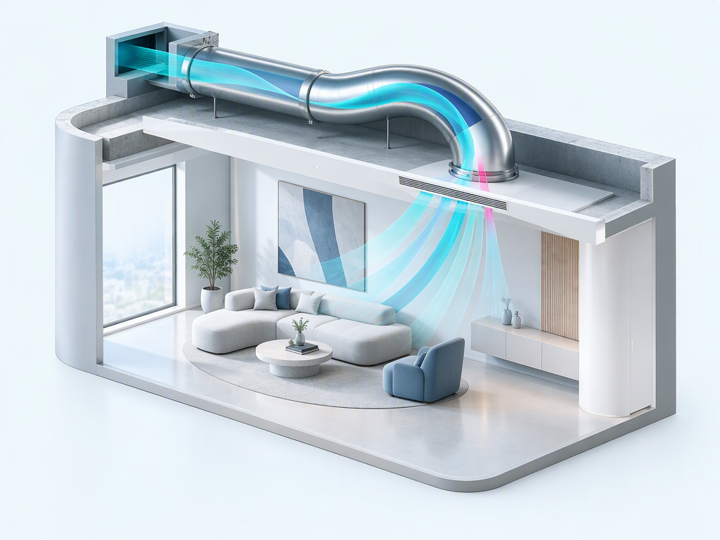 Conceptual cutaway room with ceiling ventilation and cyan airflow ribbons